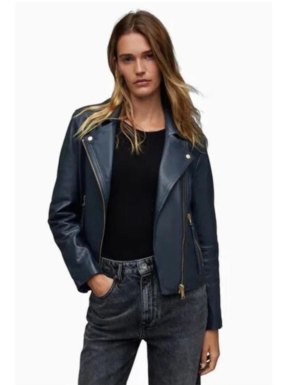 All Saints Dalby Navy Blue Leather Moto Jacket